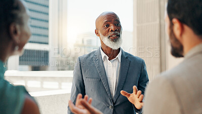 Buy stock photo Meeting, advisor and teamwork with business man in city for real estate developer, partnership and discussion. Property realtor, urban planning and project with employees outdoors for collaboration