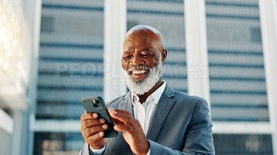 Buy stock photo Texting, phone and business with black man in city for client email, networking app or urban planner. Feedback, building permit news and connection with mature person for real estate development