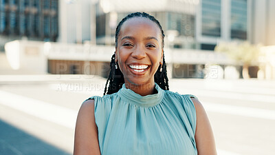 Buy stock photo Business, building and portrait of black woman in city for career inspiration or opportunity. Architecture, location and real estate with happy property developer outdoor downtown for commercial sale