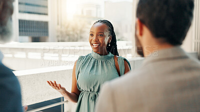 Buy stock photo Meeting, agent and teamwork with business woman in city for real estate developer, partnership and discussion. Property realtor, urban planning and project with employees outdoors for collaboration