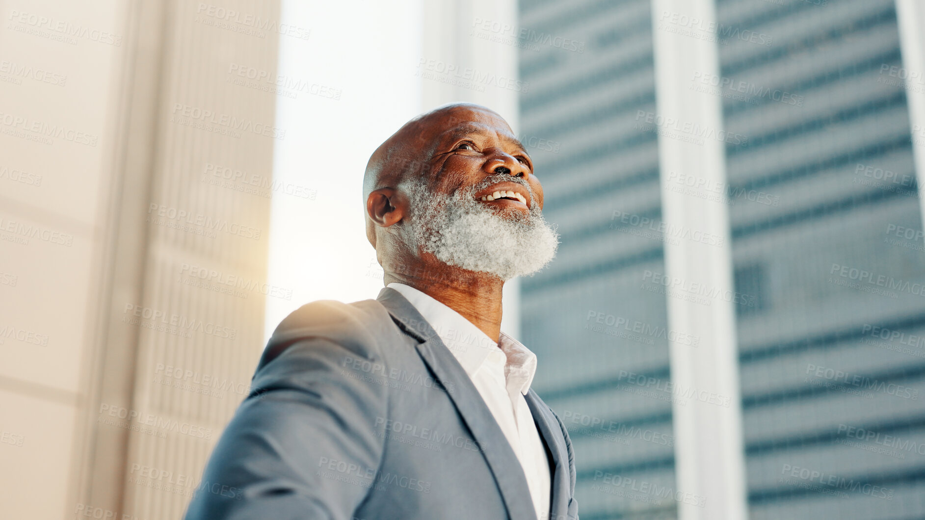Buy stock photo Thinking, happy and business black man in city for real estate developer, future and building vision. Urban planning, reflection and memory with mature person for smile, property and opportunity