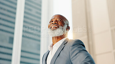 Buy stock photo Thinking, future and business black man in city for real estate developer, smile and building vision. Urban planning, reflection and memory with mature person for happy, property and low angle
