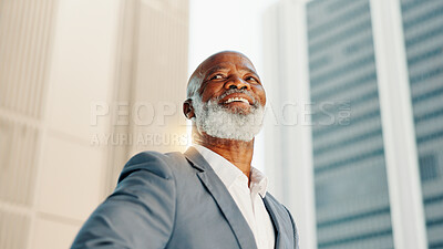 Buy stock photo Thinking, mature and business black man in city for real estate developer, future and building vision. Urban planning, reflection and memory with person outdoor for smile, property and opportunity