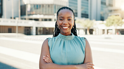 Buy stock photo Arms crossed, business and portrait of black woman in city for career inspiration or opportunity. Architecture, building and real estate with happy property developer outdoor for commercial sale