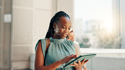 Buy stock photo Business, tablet and woman in city, scroll and connection with social media, network and trading results. Person, accountant and financial advisor with tech, email and urban town with app in New York