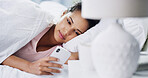Relax, wake up or woman with phone in bedroom for dating website, chat forum or social media. Morning, reading or person with online connection in home for status update, text message or notification