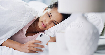 Buy stock photo Relax, wake up or woman with phone in bedroom for dating website, chat forum or social media. Morning, reading or person with online connection in home for status update, text message or notification