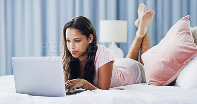 Buy stock photo Typing, reading and laptop with woman in bedroom for online dating, chat forum or social media. Profile view, status update and connection with person at home for networking, communication and search