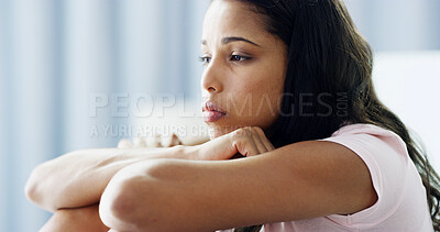 Buy stock photo Girl, bedroom and thinking with insomnia, anxiety and reflection with depression at apartment. Woman, person and wake up sad with fatigue, lonely and worry with stress for mental health in house