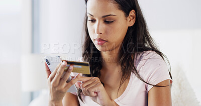 Buy stock photo Payment, credit card or woman with phone for online shopping, registration or e commerce fintech. Sign up, investment and female person on mobile app for subscription, password and banking service