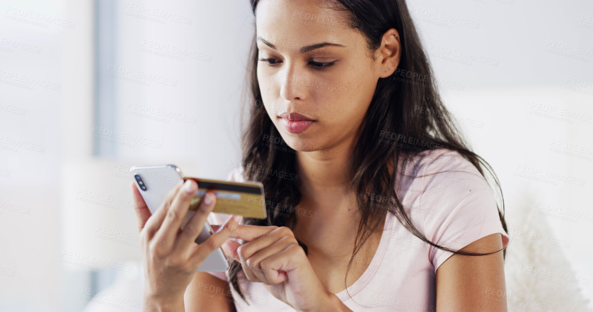 Buy stock photo Payment, credit card or woman with phone for online shopping, registration or e commerce fintech. Sign up, investment and female person on mobile app for subscription, password and banking service