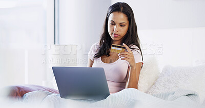 Buy stock photo Credit card, laptop and relax with woman in bedroom for online shopping, digital purchase and fintech. Ecommerce payment, transaction and customer with person at home for debit order and banking