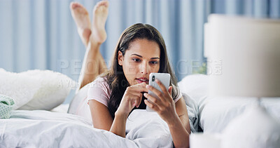 Buy stock photo Relax, scroll and phone with woman in bedroom for online dating, chat forum and social media. Profile view, status update and connection with person at home for networking, communication and search