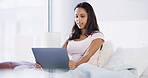 Relax, reading and laptop with woman in bedroom for online dating, chat forum and social media. Profile view, status update and connection with person at home for networking, communication and search