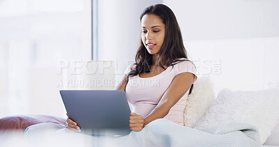 Buy stock photo Relax, reading and laptop with woman in bedroom for online dating, chat forum and social media. Profile view, status update and connection with person at home for networking, communication and search
