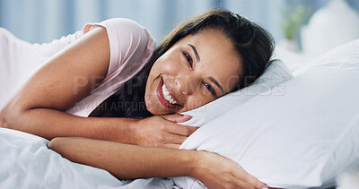 Buy stock photo Happy, relax and portrait of woman in bed for weekend, holiday or morning with peace and calm. Smile, wellness and face of female person from Brazil in bedroom for rest on vacation in rental home.