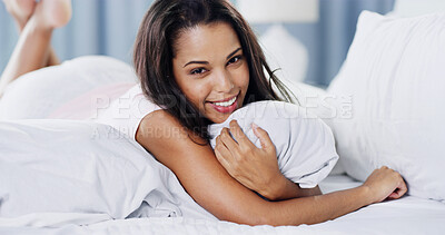 Buy stock photo Happy, rest and portrait of woman on bed for calm, wellness and peace for vacation at hotel. Smile, relax and female person in bedroom of rental apartment for holiday, comfort or waking up in home.