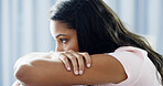 Woman, bedroom and thinking with insomnia, depression and reflection with profile at apartment. Girl, person and wake up with anxiety, lonely and worry with stress for mental health in house