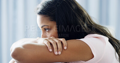 Buy stock photo Woman, bedroom and thinking with insomnia, depression and reflection with profile at apartment. Girl, person and wake up with anxiety, lonely and worry with stress for mental health in house