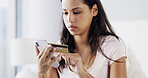 Payment, credit card or woman with mobile for online shopping, registration and e commerce fintech. Sign up, investment and person in home with phone for subscription, password and banking service