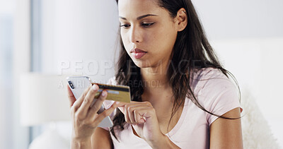 Buy stock photo Payment, credit card or woman with mobile for online shopping, registration and e commerce fintech. Sign up, investment and person in home with phone for subscription, password and banking service
