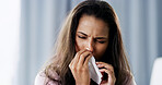 Sick, bed and woman blowing nose for sneeze, hayfever or allergies with recovery in home. Relax, illness and female person with tissue for sinusitis, cold or flu symptoms in bedroom at apartment.