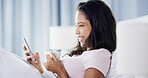 Smile, coffee and woman with phone in bed for news app, chat forum and social media meme. Morning, happy or happy person drinking beverage in home for status update, funny comedy and notification