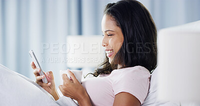 Buy stock photo Smile, coffee and woman with phone in bed for news app, chat forum and social media meme. Morning, happy or female person drinking beverage in home for status update, funny comedy and notification