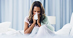 Illness, bed and woman blowing nose for sneeze, hayfever or allergies with recovery in home. Relax, sick and female person with tissue for sinusitis, cold or flu symptoms in bedroom at apartment.