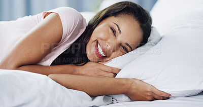 Buy stock photo Smile, relax and portrait of woman in bed for leave, holiday or morning with peace and calm. Wake up, wellness and face of female person from Brazil in bedroom for rest on vacation in rental home.