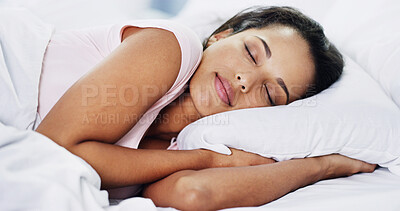 Buy stock photo Sleeping, dreaming and woman in bed in home with relaxing on holiday or vacation. Calm, peace and female person with comfortable afternoon nap for tired on weekend in bedroom at rental house.