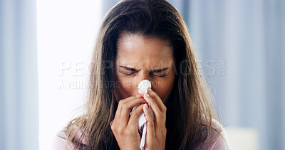 Buy stock photo Sick, bed and woman blowing nose for allergies, hayfever or sneeze with recovery in home. Health, illness and female person with tissue for sinusitis, cold or flu symptoms in bedroom at apartment.