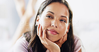 Buy stock photo Home, bedroom and woman with ideas, thinking and relax with contemplation, break and comfort. Apartment, wonder and happy person with thoughts, problem solving and decision with choice, calm and hope