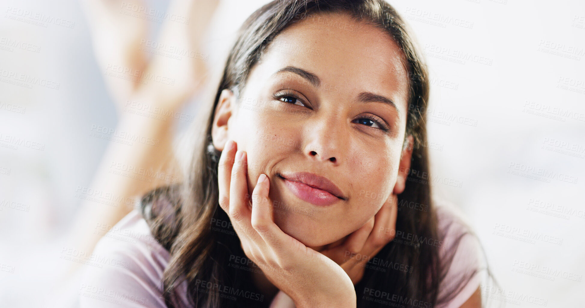 Buy stock photo Home, bedroom and woman with ideas, thinking and relax with contemplation, break and comfort. Apartment, wonder and happy person with thoughts, problem solving and decision with choice, calm and hope