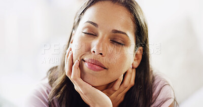 Buy stock photo Home, bedroom and woman with ideas, closed eyes and relax with contemplation, resting and comfort. Apartment, wonder and happy person with thoughts, daydreaming or decision with choice, calm or break