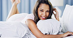 Smile, relax and portrait of woman on bed for calm, mindfulness and peace for vacation at hotel. Happy, rest and female person in bedroom of rental apartment for holiday, getaway or weekend trip.