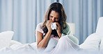 Sick, bedroom and woman blowing nose for sneeze, hayfever or allergies with recovery in home. Relax, illness and female person with tissue for sinusitis, cold or flu symptoms in bed at apartment.