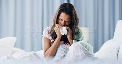 Buy stock photo Sick, bedroom and woman blowing nose for sneeze, hayfever or allergies with recovery in home. Relax, illness and female person with tissue for sinusitis, cold or flu symptoms in bed at apartment.