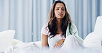 House, tired and woman in bedroom, grumpy and lazy in morning, waking up and lack of sleep in apartment. Exhausted, thinking and person with insomnia on bed, moody and fatigue in home or sleepy
