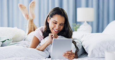 Buy stock photo Online, smile and tablet with woman in bedroom for dating app, chat forum and social media. Profile view, status update and connection with person at home for networking, communication and search