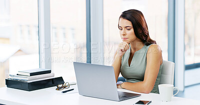 Buy stock photo Woman, thinking and reading with laptop, creative editor and research or planning in office. Female copywriter, computer and idea for agency project in company, review or workplace administration
