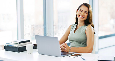 Buy stock photo Office, businesswoman and portrait with laptop for research, news story and smile with publication. Career, female person and happy editor with digital for blog website, ambitious and pride for work