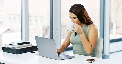 Buy stock photo Woman, drinking coffee and typing with laptop, creative editor and research or planning in office. Female copywriter, computer and reading for project in company, review or workplace administration