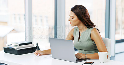 Buy stock photo Woman, notes and writing with laptop, creative editor and research or planning in office. Female copywriter, computer and idea for agency project in company, review or workplace administration