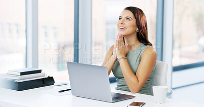 Buy stock photo Woman, praying and smile with laptop in office for good news, positive feedback or copywriter success. Hope, small business and thankful entrepreneur for journalist, article and winner or deal