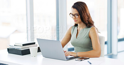 Buy stock photo Office, businesswoman and typing with laptop for research, news story and smile for publication. Career, female person and journalist with digital for blog website, information and online for article