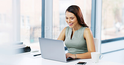 Buy stock photo Office, businesswoman and laughing with laptop for research, news story and smile for publication. Career, female person and journalist with tech for website blog, information and online for article