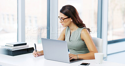 Buy stock photo Woman, writing and idea with laptop, creative editor and research or planning in office. Female copywriter, computer and notes for agency project in company, review or workplace administration