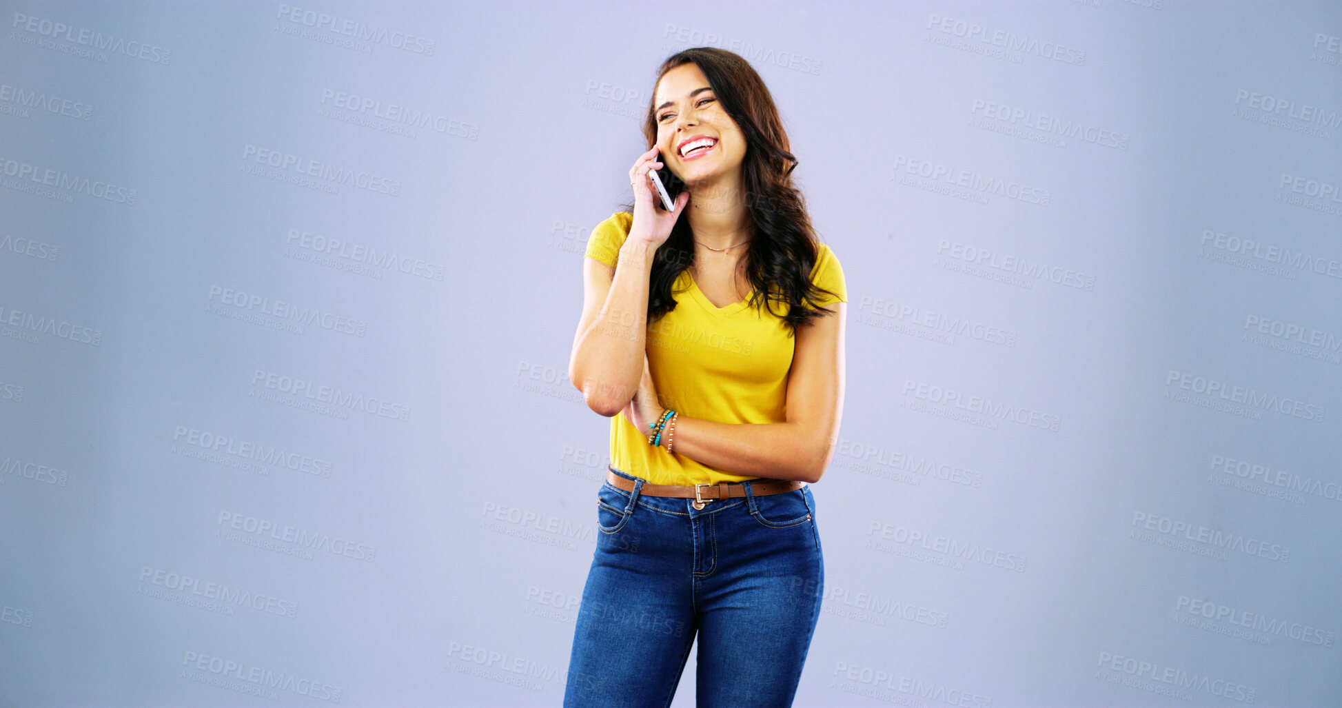 Buy stock photo Studio, woman and laughing with phone call for communication, listening and joke with contact. Mockup space, female person and happy with mobile for gossip, funny conversation and isolated background