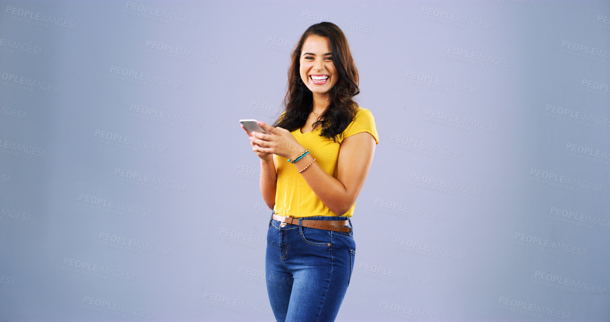 Buy stock photo Woman, phone and portrait with texting in studio, chat and contact with mock up space by background. Girl, smartphone and smile with click on mobile app, notification and social network in Australia